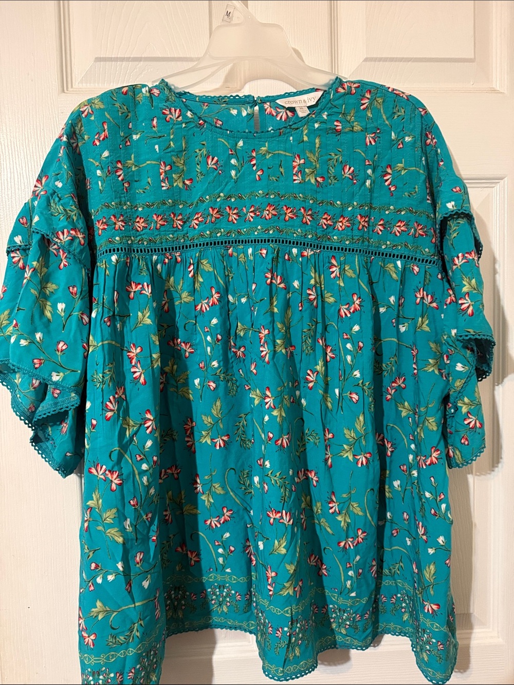 crown & ivy Teal Floral Tunic with Crochet Yoke